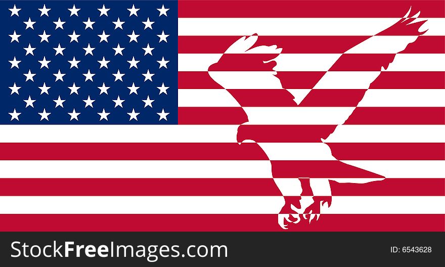 A silhouette of an eagle on the background of striped American flag.