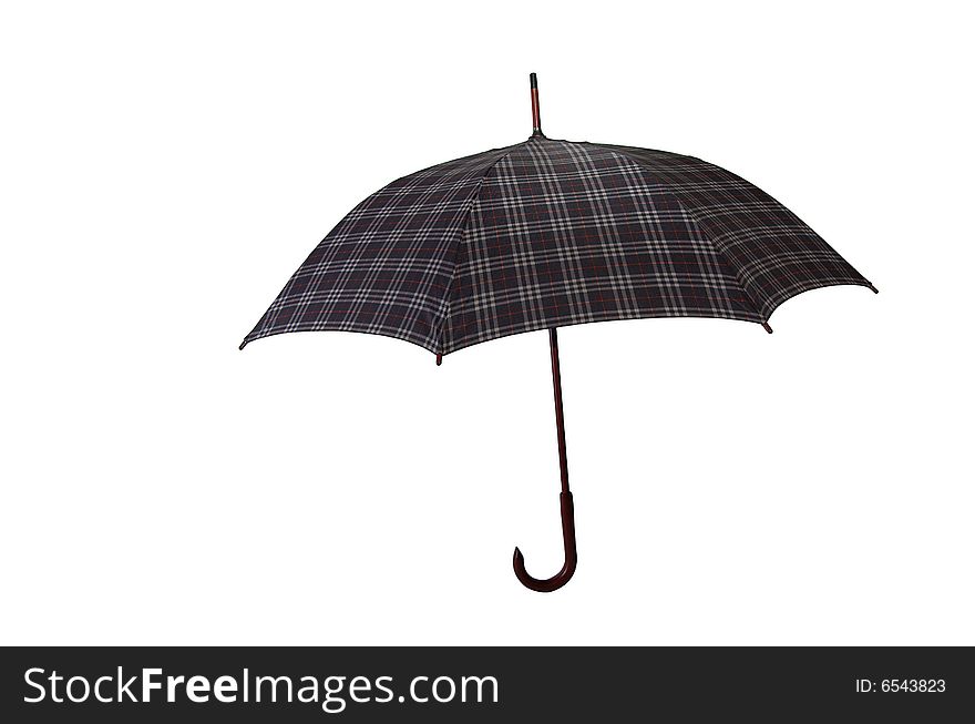 Open big gray checked umbrella, vintage style, wooden handle