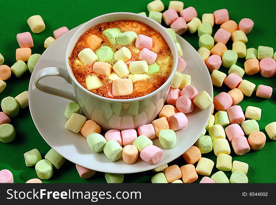 Hot chocolate with colorful miniature marshmallows. Hot chocolate with colorful miniature marshmallows