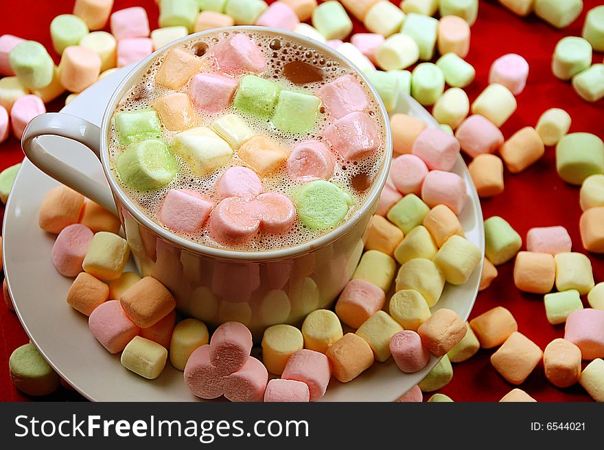 Hot chocolate with colorful miniature marshmallows. Hot chocolate with colorful miniature marshmallows