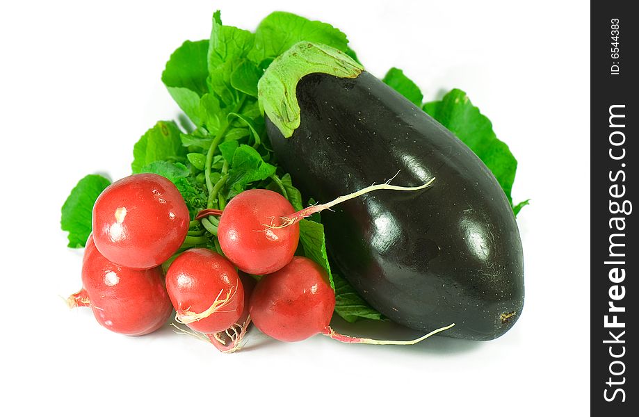 Red Radish and aubergine isolated on white. Red Radish and aubergine isolated on white