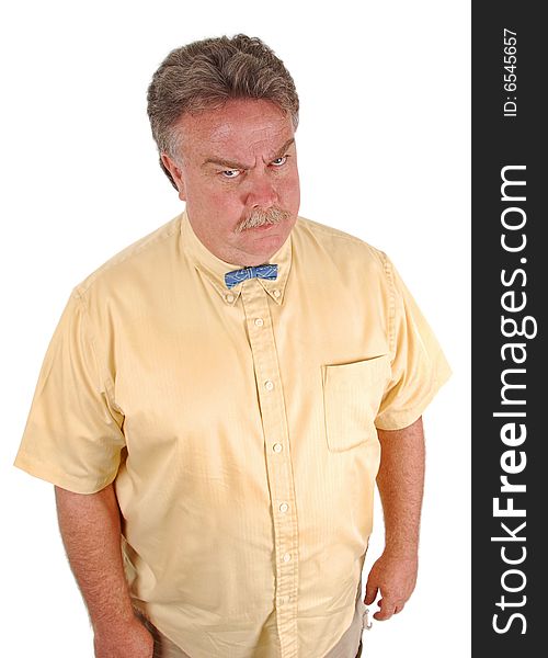 An angry man wearing a tiny blue bowtie. An angry man wearing a tiny blue bowtie.