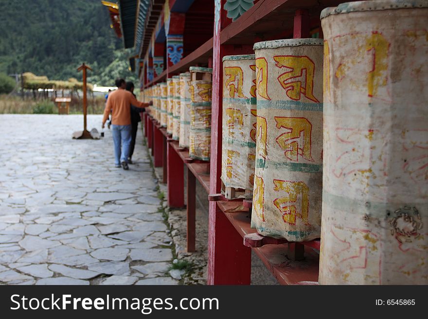 Gig prayer wheels in Yunnan, China