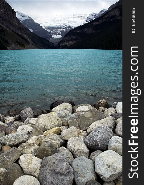 Lake Louise, Alberta, Banff National Park, Canada, with winter storm approaching.