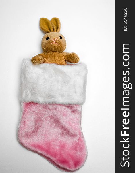 Stuffed toy bunny rabbit in a cute little pink stocking. Stuffed toy bunny rabbit in a cute little pink stocking.