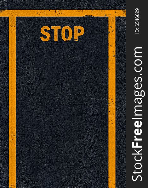 Yellow stop sign marking on black fresh asphalt pavement. Yellow stop sign marking on black fresh asphalt pavement