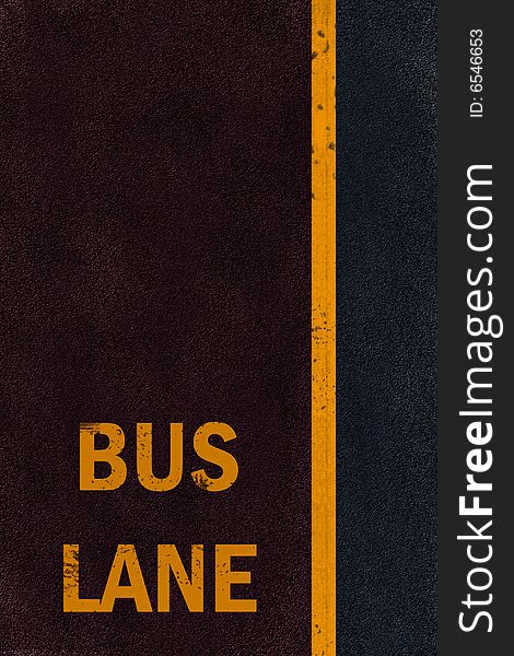 Yellow bus lane marking on black fresh asphalt pavement. Yellow bus lane marking on black fresh asphalt pavement
