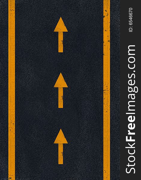 Yellow arrows marking on black fresh asphalt pavement. Yellow arrows marking on black fresh asphalt pavement