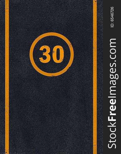 Yellow 30 limit speed caution marking on black fresh asphalt pavement. Yellow 30 limit speed caution marking on black fresh asphalt pavement