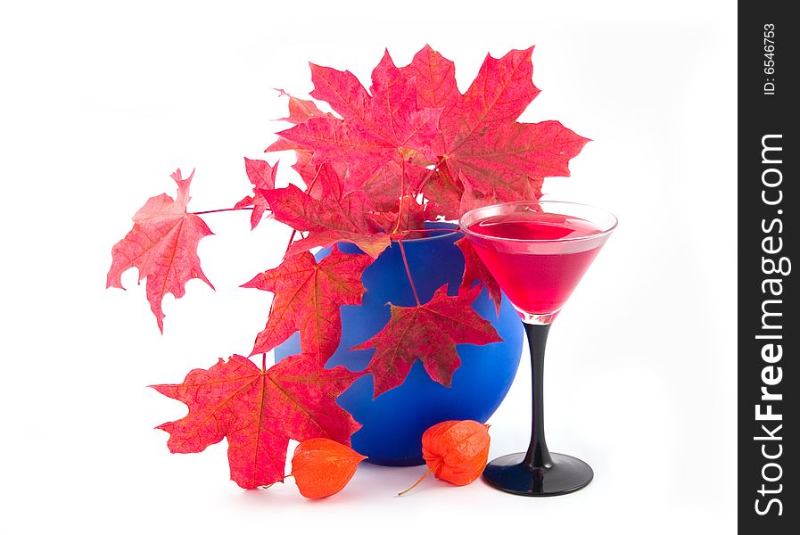 Dark blue vase and beautiful red maple leaves with wine on  white background