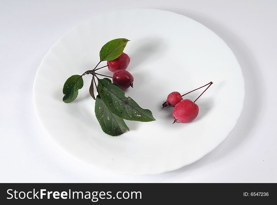 Four small red apples on plate isolated on white. Four small red apples on plate isolated on white
