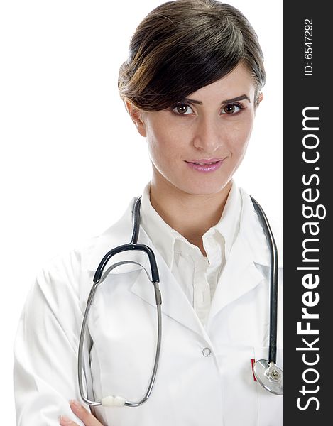 Portrait of lady doctor with stethoscope against white background. Portrait of lady doctor with stethoscope against white background