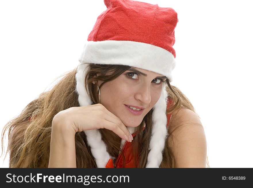 Smart woman with santa cap with white background
