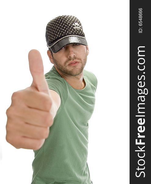 Caucasian man showing thumb with white background