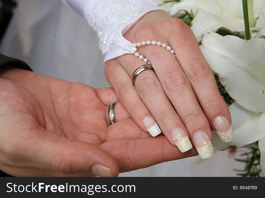 Two palms together. It is man's and female palms. There are wedding rings on their fingers.