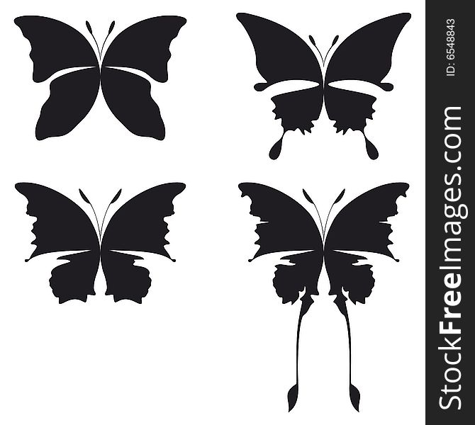 Four illustration of buttefly silhouette black on white. Four illustration of buttefly silhouette black on white