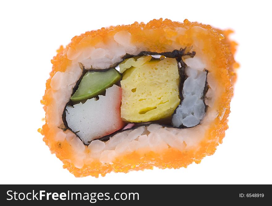 Close up view of fresh sushi roll isolated on white back