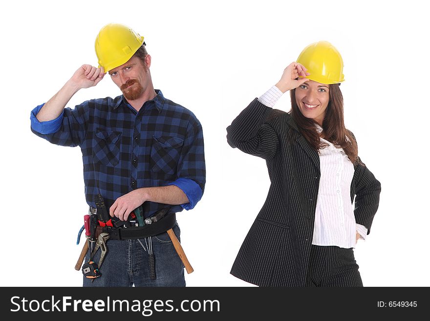 Businesswoman and construction worker with architectural plans