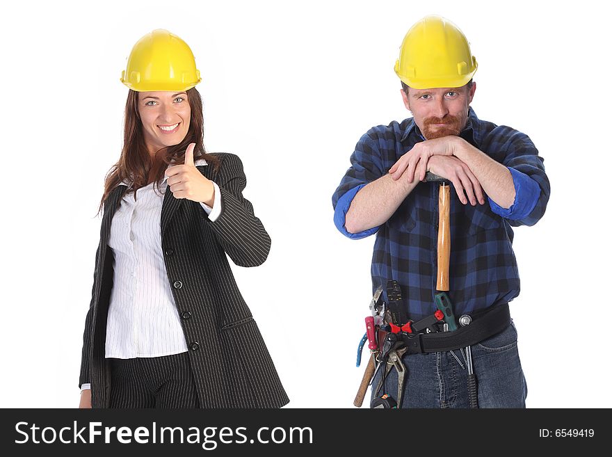 Businesswoman and construction worker with architectural plans