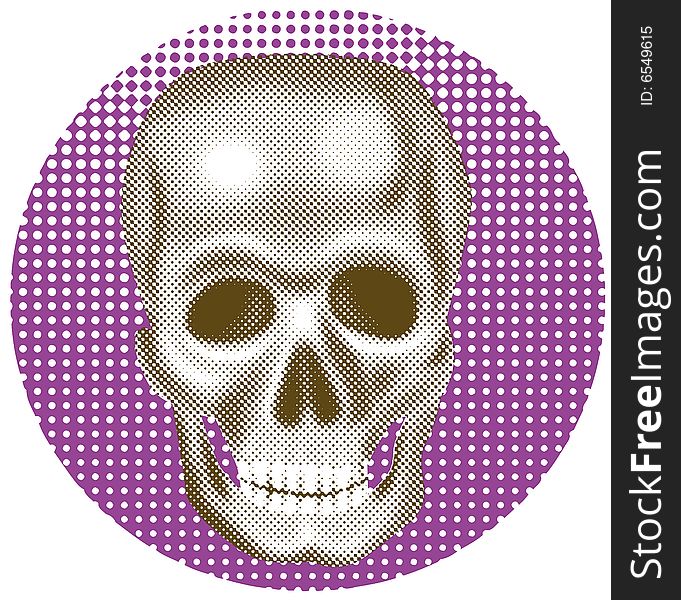 Illustration of a skull with halftone dots and isolated on white background