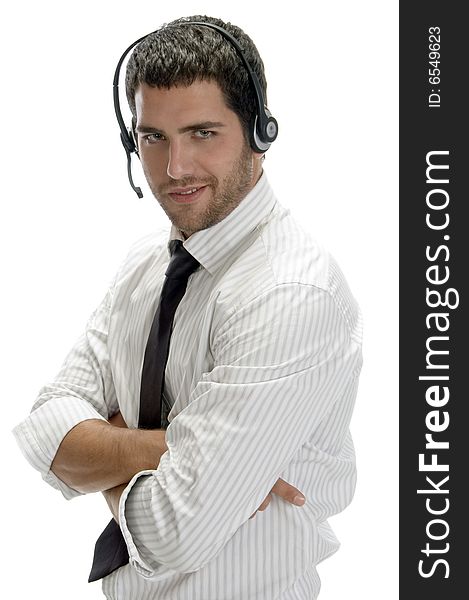 Happy successful professional man with headset on an isolated white background