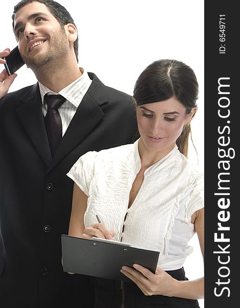 Man busy with phone call and female making notes against white background