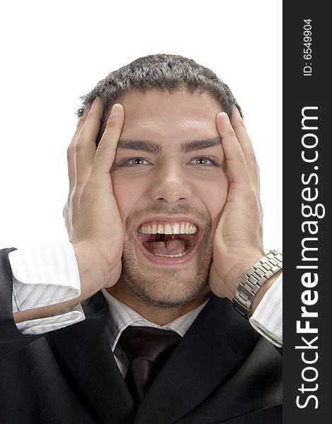 Happy businessman posing against white background