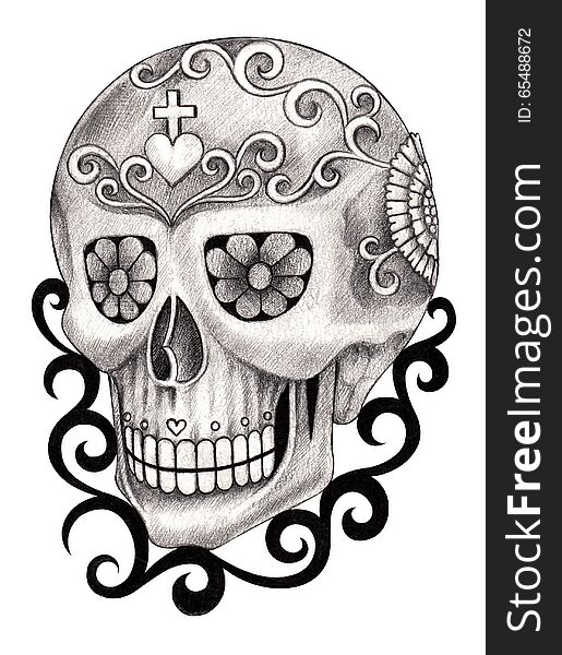 Art design skull head smiley face day of the dead festival. hand pencil drawing on paper. Art design skull head smiley face day of the dead festival. hand pencil drawing on paper.