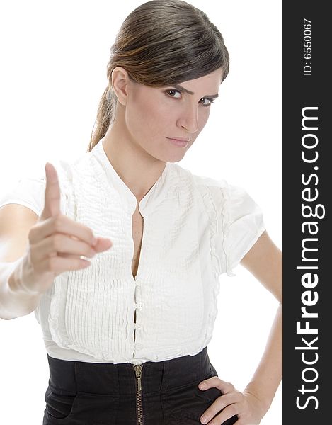 Lady giving warning with white background