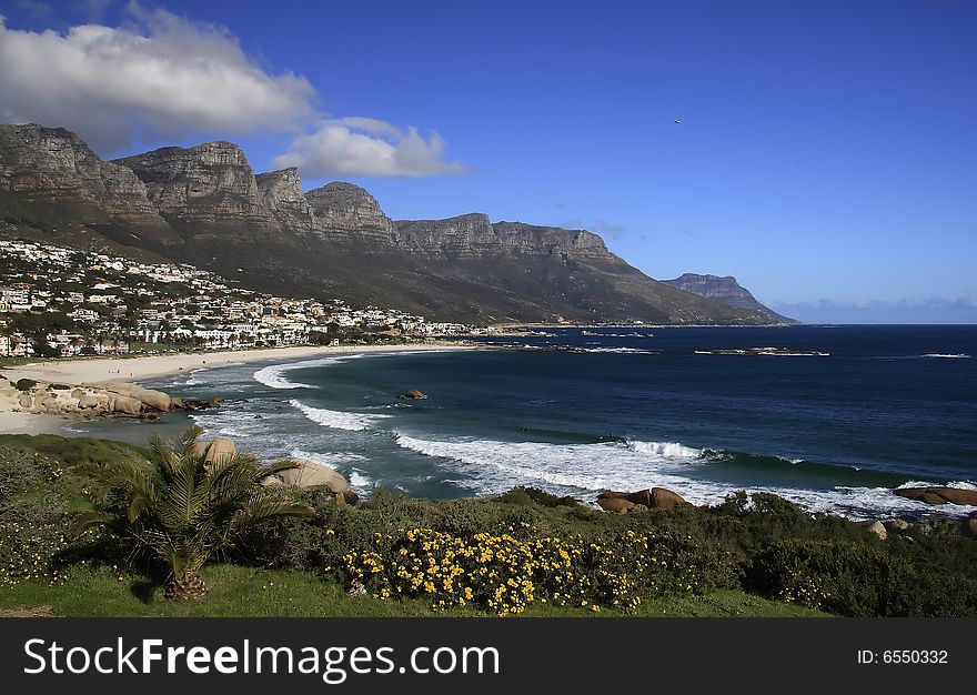 View of the beach near Twelve Apostles Mountains in Cape Town