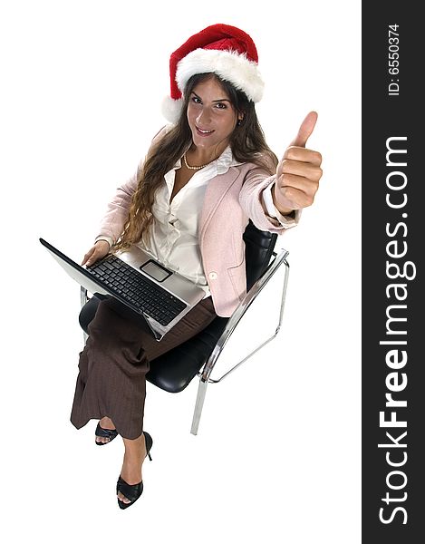 Businesswoman wishing good luck smiling lady with santacap