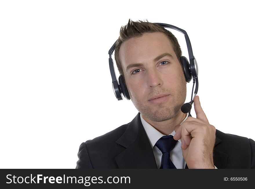 Thinking businessman with headphone on an isolated background