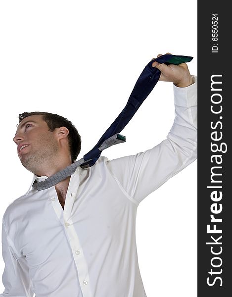 Businessman hanging himself to his tie with white background