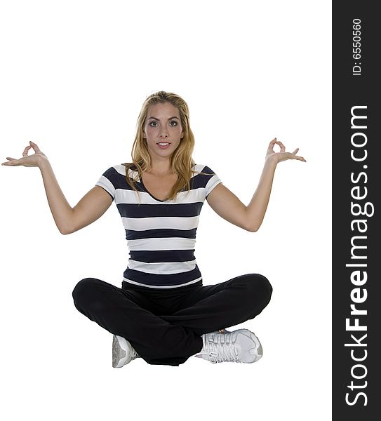 Lady performing yoga sitting in lotus pose isolated with white background