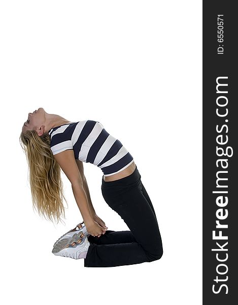 Woman bending stretching her back isolated with white background
