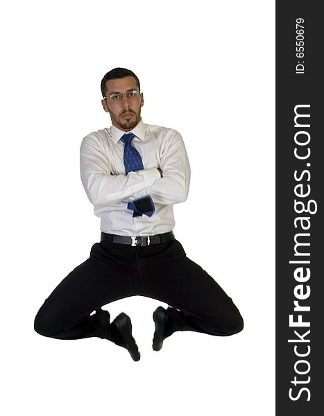 Businessman leaps in air on an isolated background