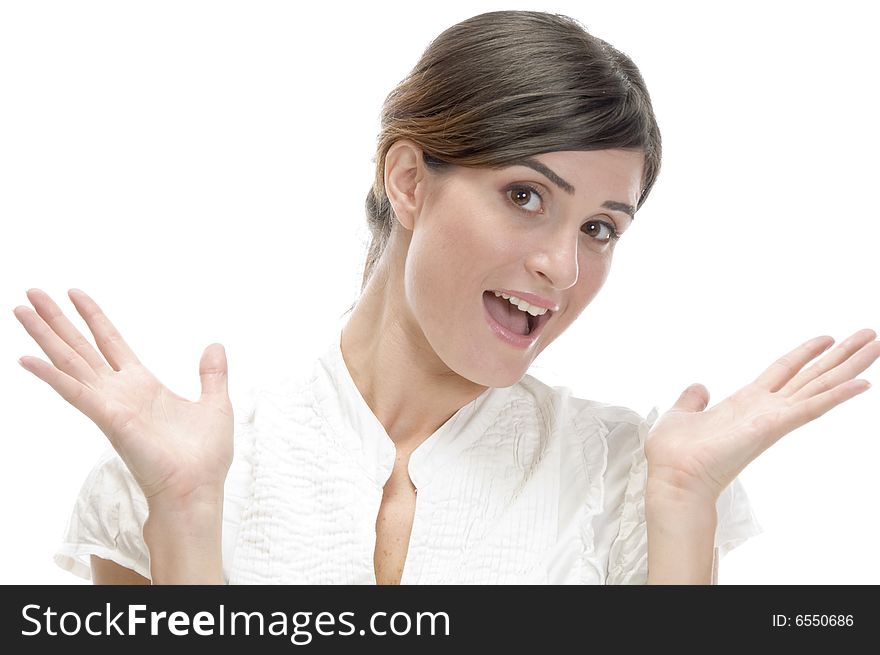 Surprised smiling lady with white background