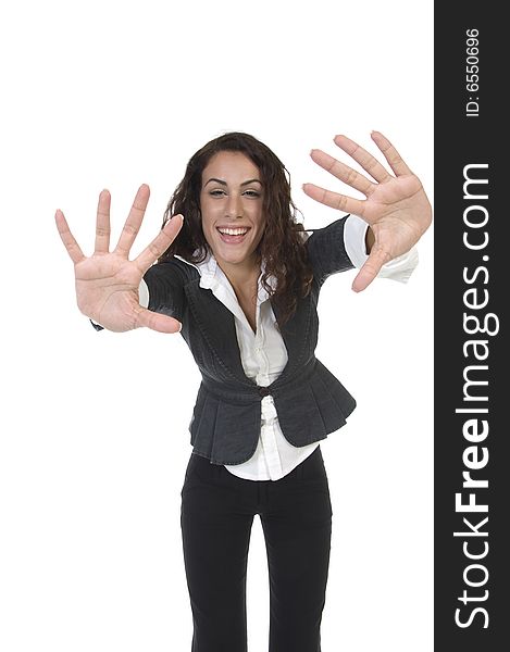 Lady showing palms against white background