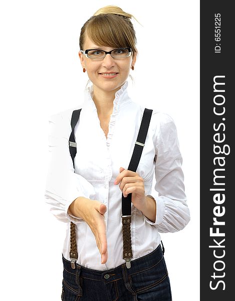 Beautiful smiling businesswoman gives hand