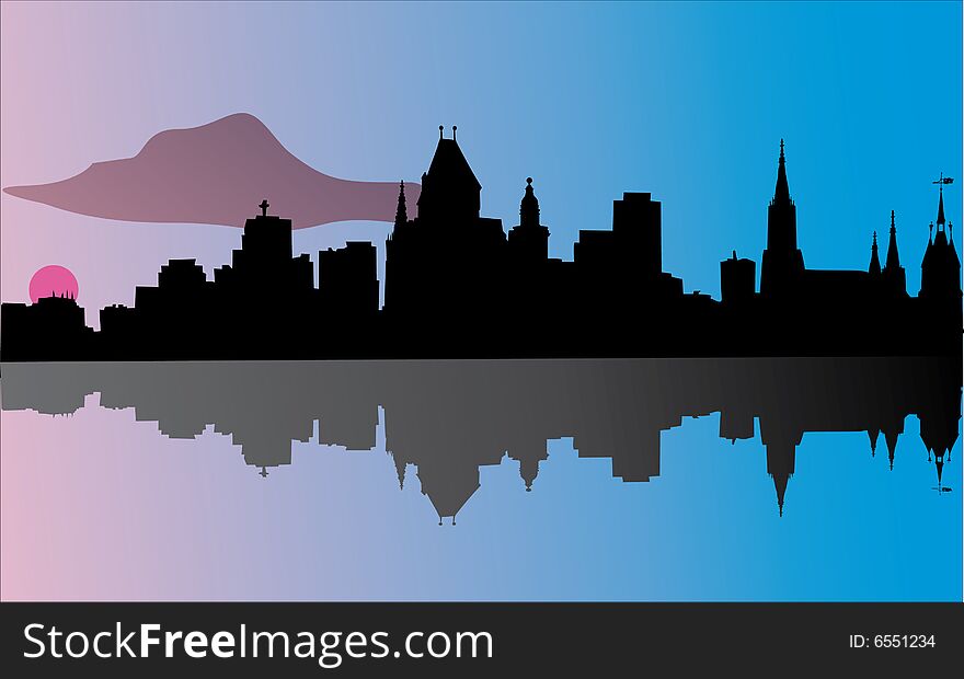 Illustration with dusk city with reflection silhouette