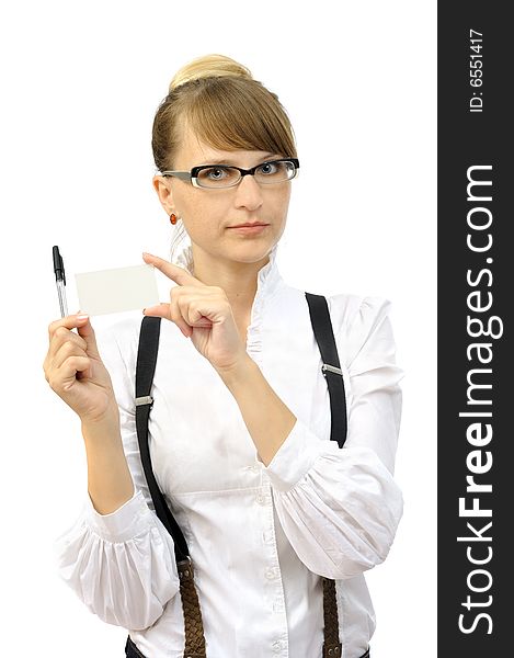 Young businesswoman with visit card, isolated on white