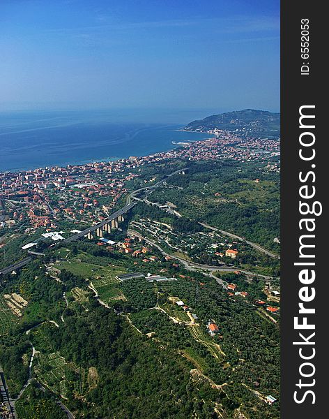 Aerial view of the valley of San Bartolomeo al Mare, touristic city near Imperia in Liguria, Italy.