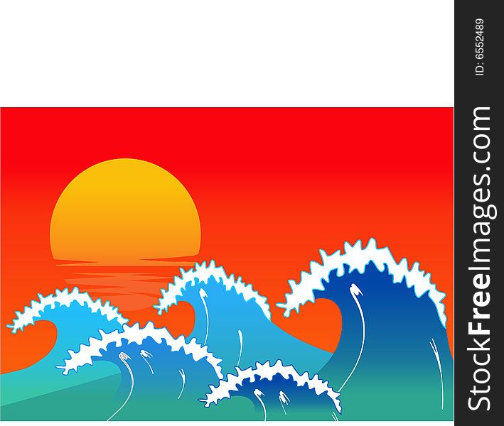 Sunset over sea with waves ,  vector