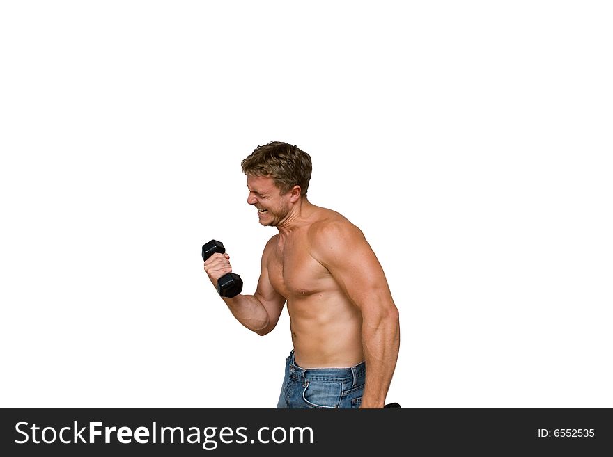 Young man with black dumbbells. Young man with black dumbbells