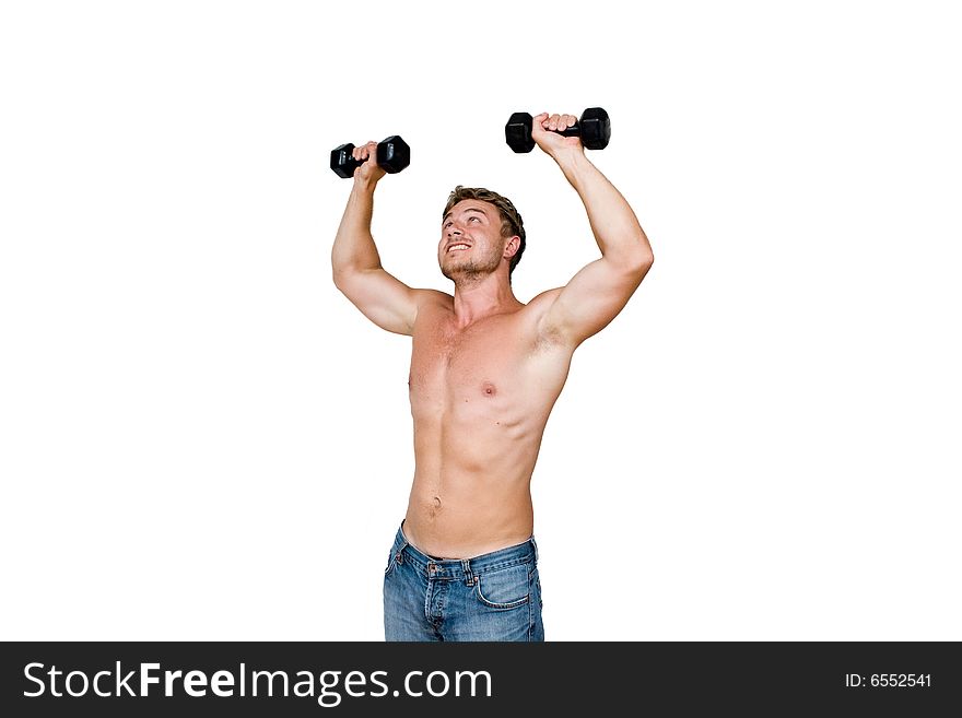 Young man with black dumbbells. Young man with black dumbbells