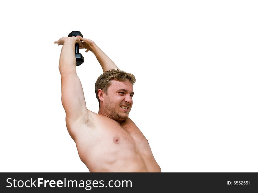 Young man with black dumbbells. Young man with black dumbbells