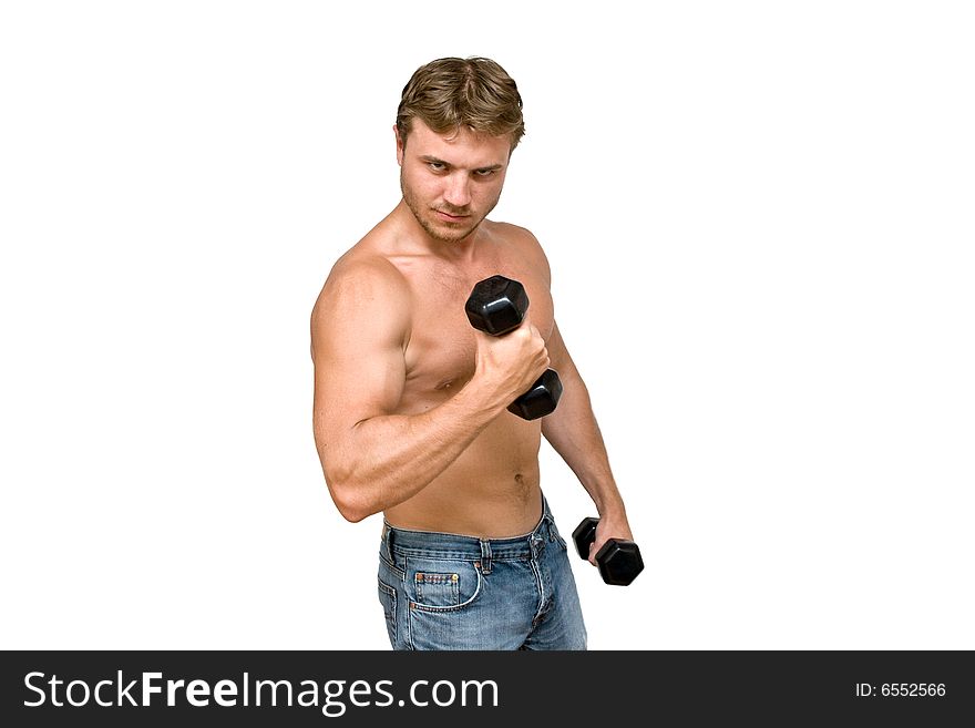 Young man with black dumbbells. Young man with black dumbbells