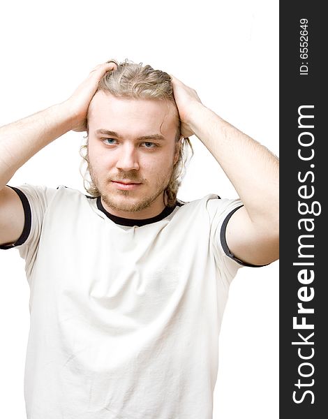 Young sportsman with blue eyes isolated on white (without numbers on shirt)