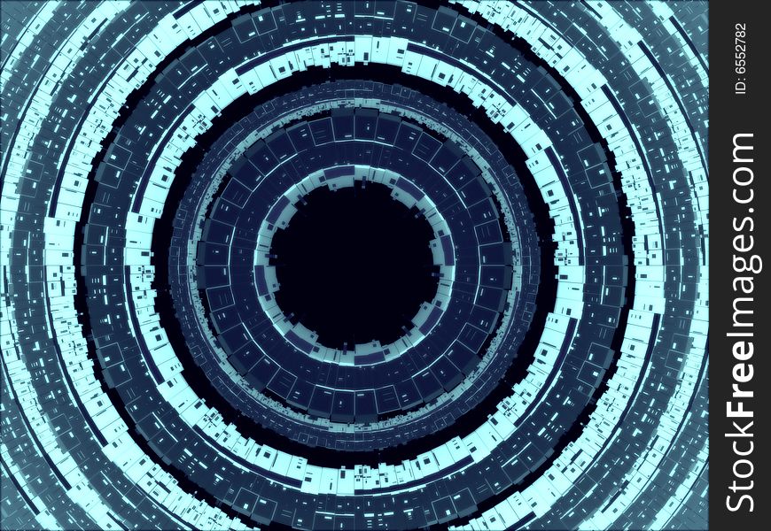 Many blue circular futuristoc constructions in black background