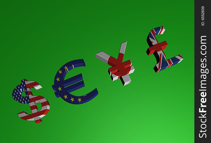 Money signs of countries on a green background